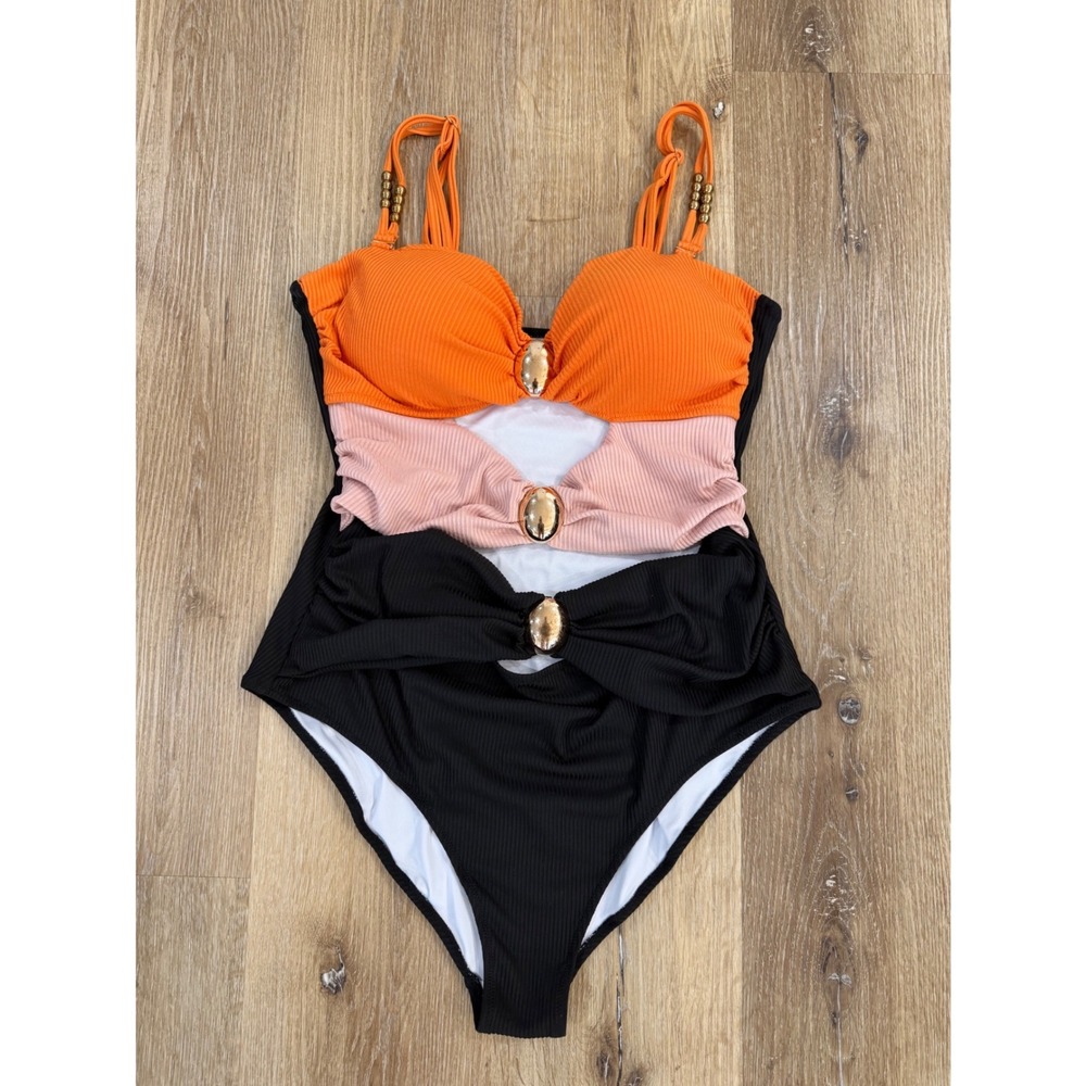 Boho Festival One Piece Swimsuit Women XL Black Orange Pink Ribbed Cutout Y2K